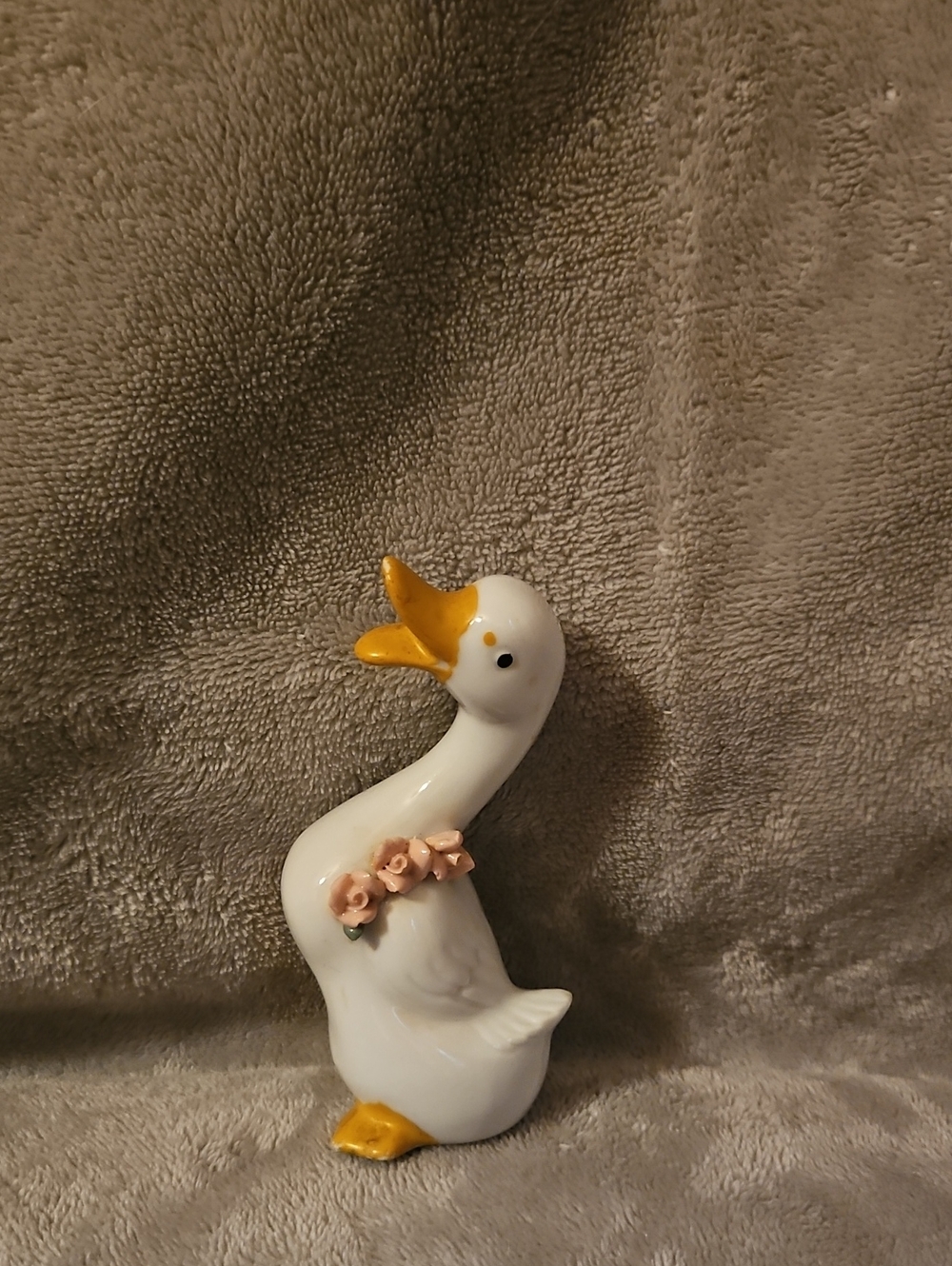 Porcelain White Duck Figurine with Pink Flower Garland